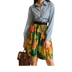 Pink Tartan Tropical Floral Silk Print Midi Skirt Size 6